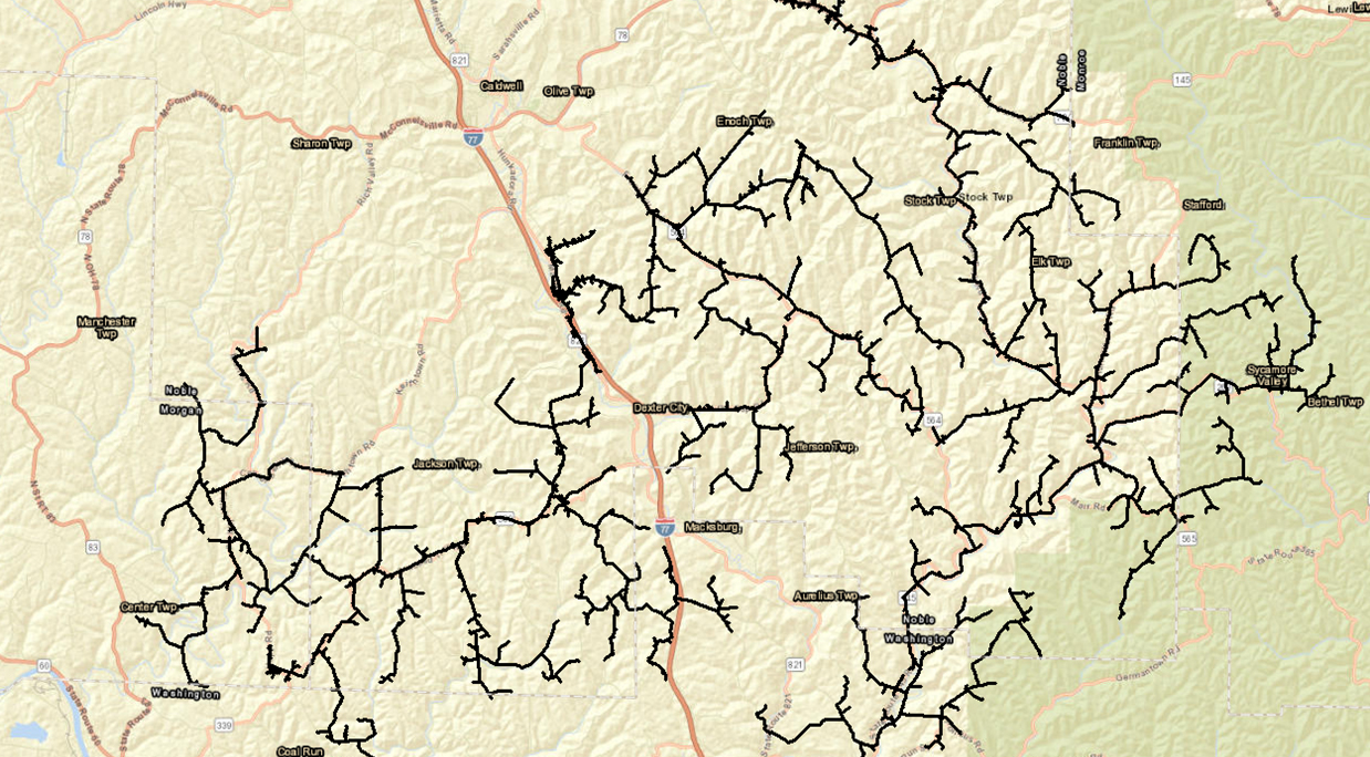 A map of southern Noble County with black lines demonstrating main line electrical routes that will be upgraded