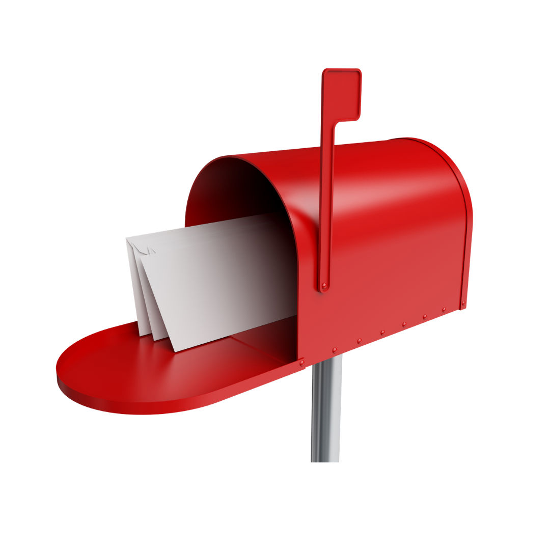 A bright red metal mailbox. The mailbox door is open, showing three white envelopes inside.