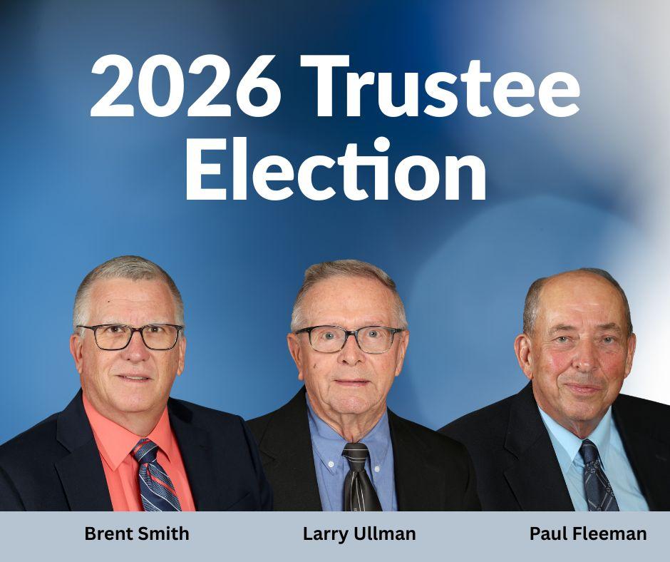 This is a graphic featuring headshots of the three people elected to serve on Washington Electric Cooperative's Board of Trustees: Brent Smith, Larry Ullman, and Paul Fleeman.